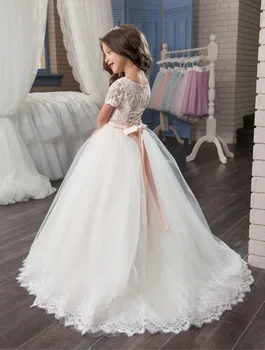 קו לבן באורך רצפת שרוול קצר טול פרח שמלת ילדה שמלת נסיכת מסיבת חתונה שמלת ההתייחדות הראשונה השמלה התינוק